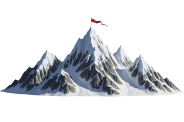 Alpine Snow Capped Mountain Range with Red Flag on Peak Transparent Background PNG File