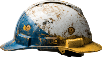 Macro of construction helmet with visible scratches, isolated on transparent background