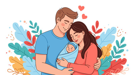 A Happy Family of Three, with Parents Cradling Their Newborn Baby Amidst Lush Foliage and Floral Accents