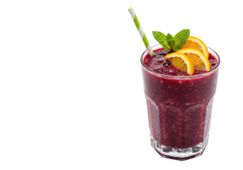 Isolated red smoothie with fruit slices, garnish, and straw for a healthy drink diet idea