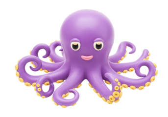Isolated Purple Octopus with Large Eyes and Curls on a Solid Background, Cute Design