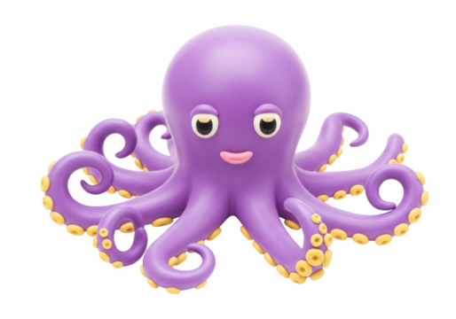 Isolated Purple Octopus with Large Eyes and Curls on a Solid Background, Cute Design