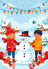 Building a snowman in a snowy village with hanging festive lights illustration