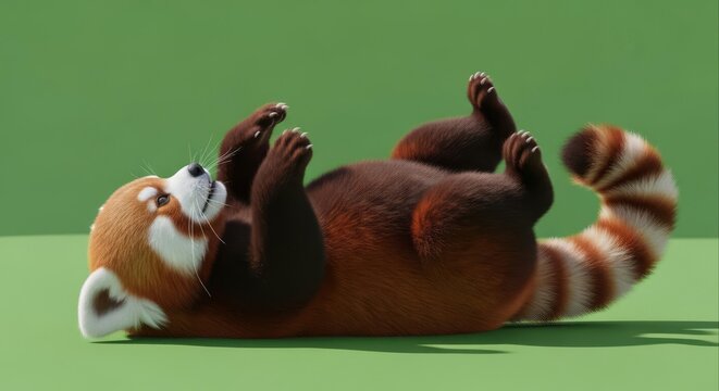 Cute Red Panda Rolling on Green Surface with Playful Pose.