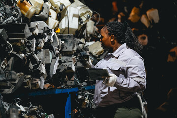 Female technician check used car damaged engine block at scrapyard warehouse recycle area part. African American engineer inspecting rust oily auto motor old spare part in junkyard for reuse service