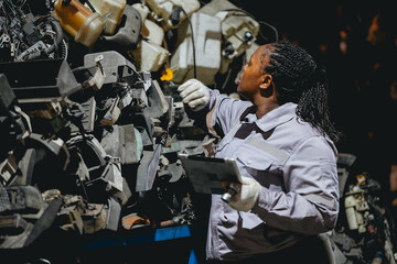 Female technician check used car damaged engine block at scrapyard warehouse recycle area part. African American engineer inspecting rust oily auto motor old spare part in junkyard for reuse service