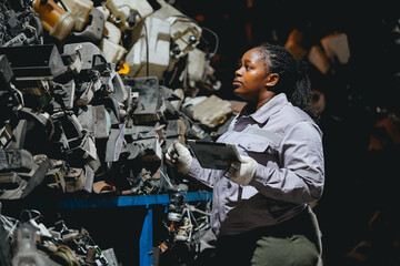Female technician check used car damaged engine block at scrapyard warehouse recycle area part. African American engineer inspecting rust oily auto motor old spare part in junkyard for reuse service