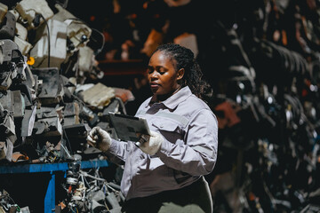 Female technician check used car damaged engine block at scrapyard warehouse recycle area part. African American engineer inspecting rust oily auto motor old spare part in junkyard for reuse service