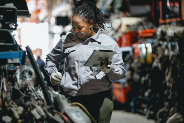 Female technician check used car damaged engine block at scrapyard warehouse recycle area part. African American engineer inspecting rust oily auto motor old spare part in junkyard for reuse service