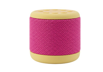 Isolated cylindrical speaker with yellow trim and textured pink fabric for audio listening