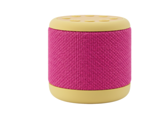 Isolated cylindrical speaker with yellow trim and textured pink fabric for audio listening