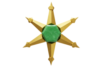 Isolated star object with a green gemstone center, golden arms pointing outwards, art craft