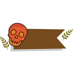 Orange Skull With Empty Brown Banner And Green Leaves On Transparent Background Vector Illustration
