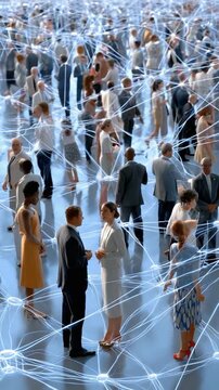 Networked Society: A vibrant tableau of individuals connected through an intricate web of digital threads, symbolizing the modern interconnected world and human interaction.