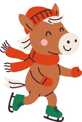 Happy Winter Horse in Skates and Cozy Clothes