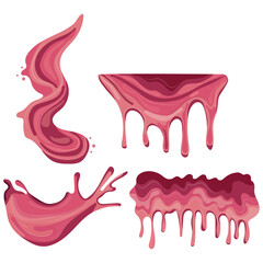 set of vector icons with melted pale pink chocolate in various shapes and splashes, for backgrounds, packaging design, menus, confectionery logos and dessert branding