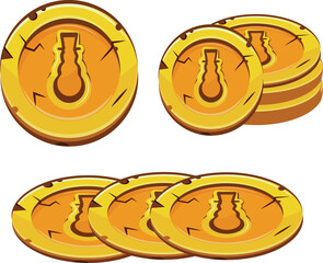 set of gold coins in various shapes with a snowman design, for games, social media or other thematic designs
