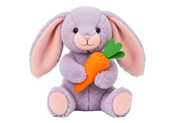 Isolated cute purple plush bunny holding an orange carrot toy for Easter, no background