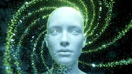 Abstract conceptual animation, digital human face disintegrating into data flow particles on black - Powered by Adobe