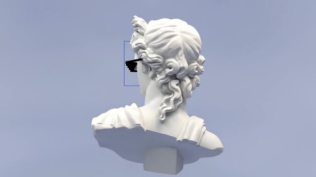 3d render of apollo marble bust wearing pixelated meme sunglasses with selection box on its face. surreal mix of classical art and digital culture. web design, poster.