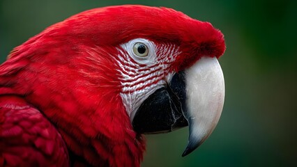 Obraz premium Close-up of a vivid red scarlet macaw with a large pale beak and distinctive white facial markings. Concept Scarlet macaw close-up, vivid red plumage, large pale beak