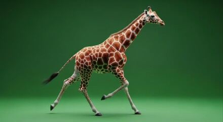 Obraz premium Graceful Giraffe Striding Confidently Across a Vibrant Green Background.