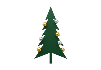 Isolated simple dark green Christmas tree shape with ornaments on a plain neutral surface