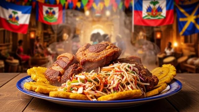 Haitian Griot with Plantains and Pikliz on a Festive Table  Celebrating Haitian Heritage