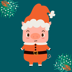 cute hand drawn cartoon character santa claus little pig with mistletoe bouquet funny winter holiday vector illustration	