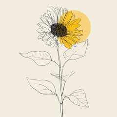 Elegant One Line Sunflower and Leaves