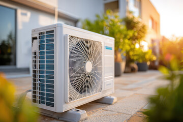 Modern outdoor air conditioning unit in a garden setting