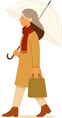 Flat vector illustration of a woman walking with an umbrella and shopping bag on a rainy day. Ideal for autumn lifestyle themes, fashion design, or seasonal weather concepts.