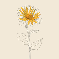 Elegant single-line sunflower with flowing leaves