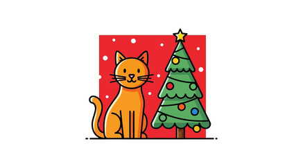 An adorable cartoon ginger cat sitting patiently next to a decorated festive Christmas tree, a charming holiday season vector illustration