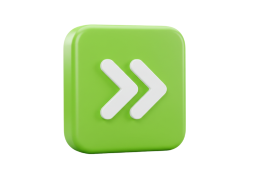 Isolated green arrow icon pointing right for next button with modern design in 3D rendering