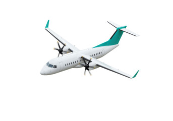 Isolated turboprop airplane, regional airliner, white fuselage with green trim details