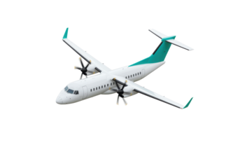 Isolated turboprop airplane, regional airliner, white fuselage with green trim details