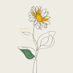 Elegant single line sunflower with leaves