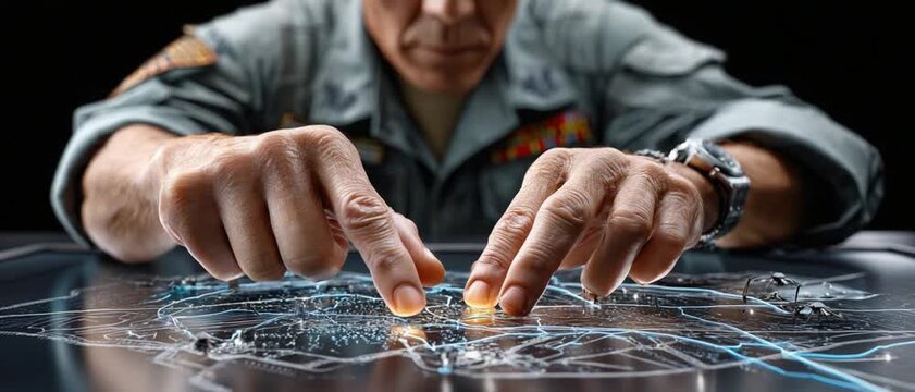 Strategic Planning: A focused military officer, immersed in thought, meticulously analyzes a detailed map with a backdrop of a blurred digital display, conveying strategic depth and decision-making.