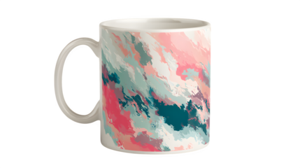 Matte white coffee mug with colorful abstract art print, isolated on transparent background