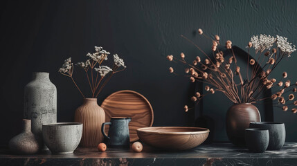 Collection of ceramic and wooden tableware arranged artistically on a dark surface, featuring vases, bowls, and dried flowers, creating a warm and inviting atmosphere for home decor