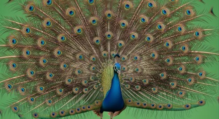 Obraz premium Magnificent peacock displaying vibrant feathers against a green backdrop.