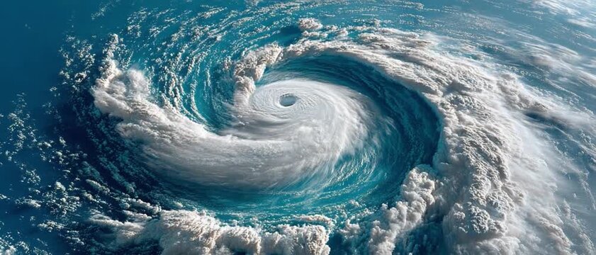 Hurricane's Fury: A majestic cyclone spirals powerfully over the ocean, depicting the raw, untamed forces of nature in its churning clouds and intense energy. 