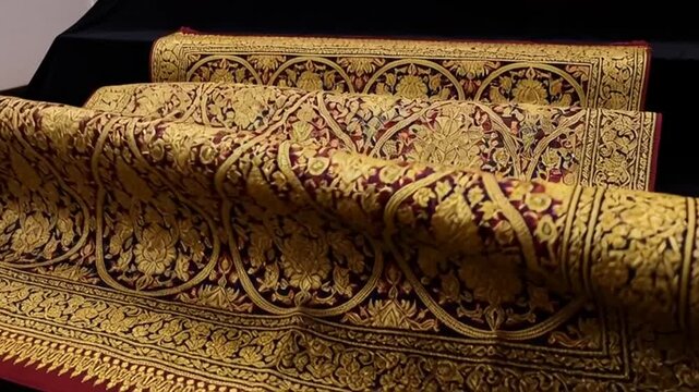 Elegant golden pattern silk textile with intricate floral motif for luxury and traditional design