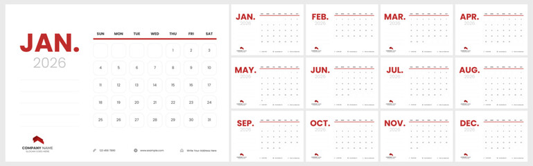 Modern 2026 desk calendar template for company. Monthly calendar layout for 2026. 2026 calendar template week start from sunday.