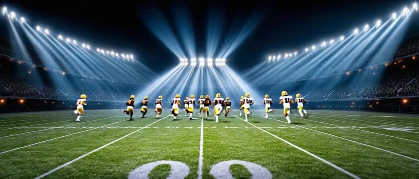 Stadium Showdown: A football game is in progress under the stadium lights, and it's full of action and excitement. The players are in motion on the green field.