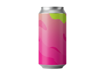 Isolated canned beverage with abstract pink and green design for refreshment or promotion