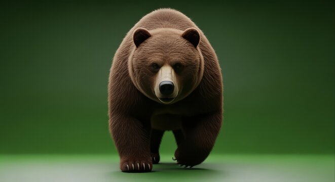 Majestic Brown Bear Walking Towards Viewer on Green Background.