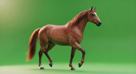 Obraz premium Majestic chestnut horse gracefully walking on vibrant green background side view.