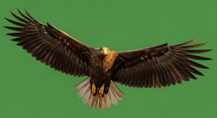 Obraz premium Majestic Golden Eagle Soaring with Wings Spread Against a Vibrant Green Background.